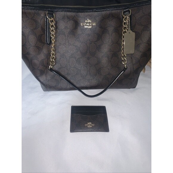 Women's Coach bag  Ava Chain Tote Signature Canvas in Brown/Black Authentic - Picture 7 of 15
